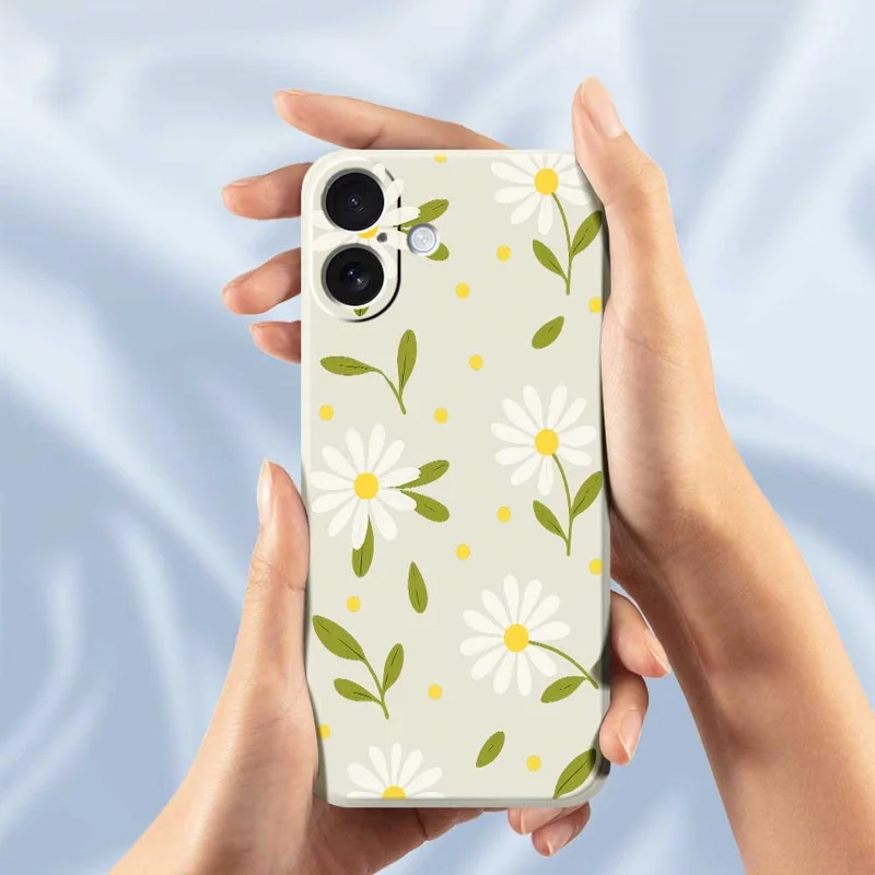 For iPhone 17 Case White Flowers Green Leaves Pattern Printing Straight Edge TPU Phone Back Cover - Beige