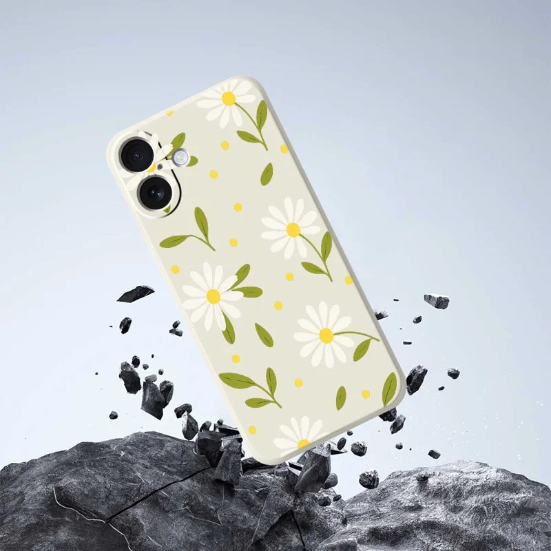 For iPhone 17 Case White Flowers Green Leaves Pattern Printing Straight Edge TPU Phone Back Cover - Beige