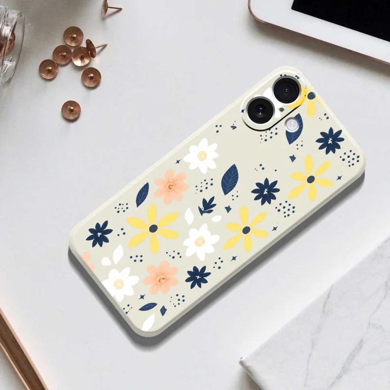 For iPhone 17 Case Colorful Floral Blue Leaves Pattern Printing Straight Edge TPU Phone Back Cover - Beige