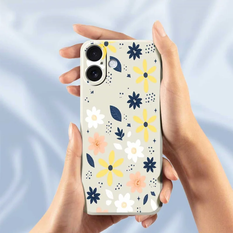 For iPhone 17 Case Colorful Floral Blue Leaves Pattern Printing Straight Edge TPU Phone Back Cover - Beige