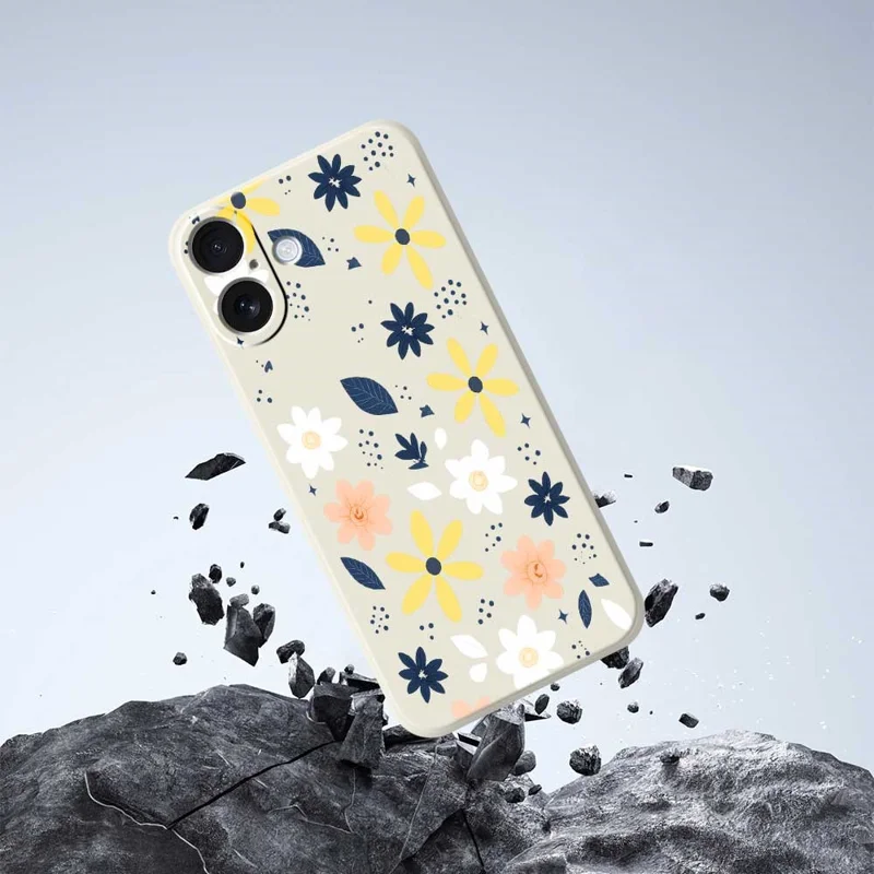 For iPhone 17 Case Colorful Floral Blue Leaves Pattern Printing Straight Edge TPU Phone Back Cover - Beige