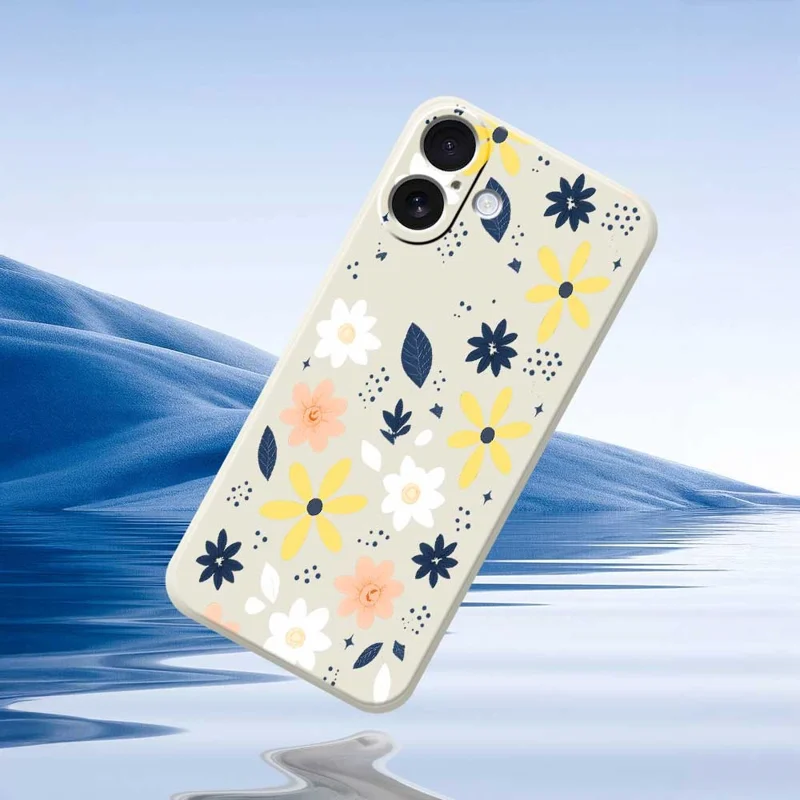For iPhone 17 Case Colorful Floral Blue Leaves Pattern Printing Straight Edge TPU Phone Back Cover - Beige