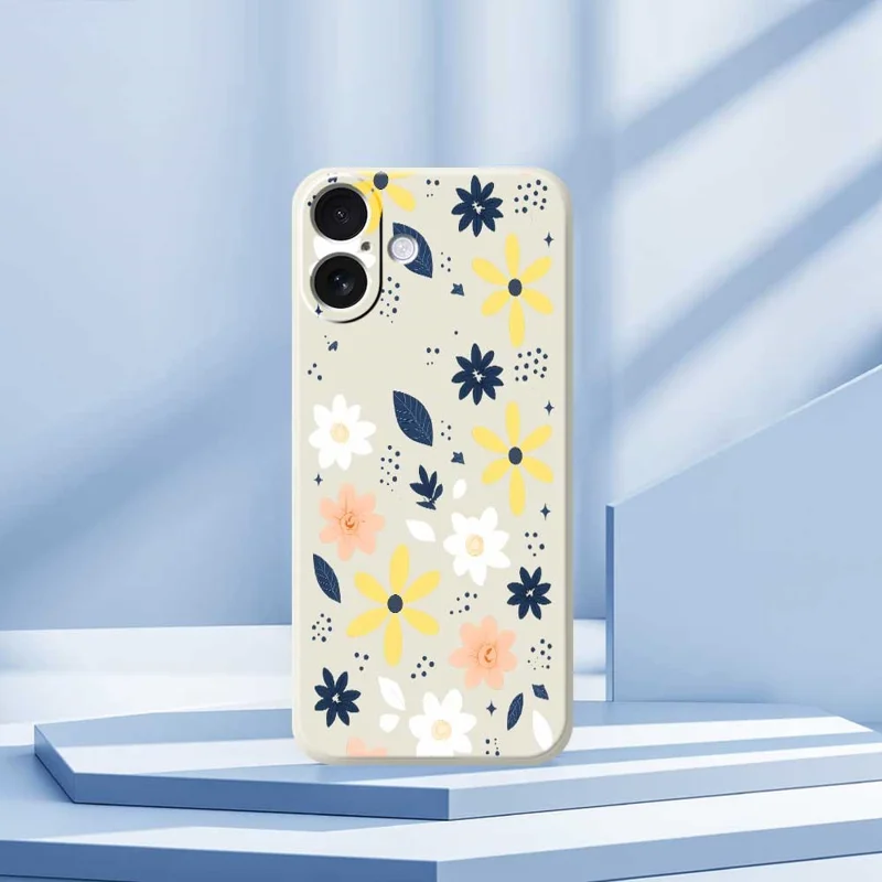 For iPhone 17 Case Colorful Floral Blue Leaves Pattern Printing Straight Edge TPU Phone Back Cover - Beige