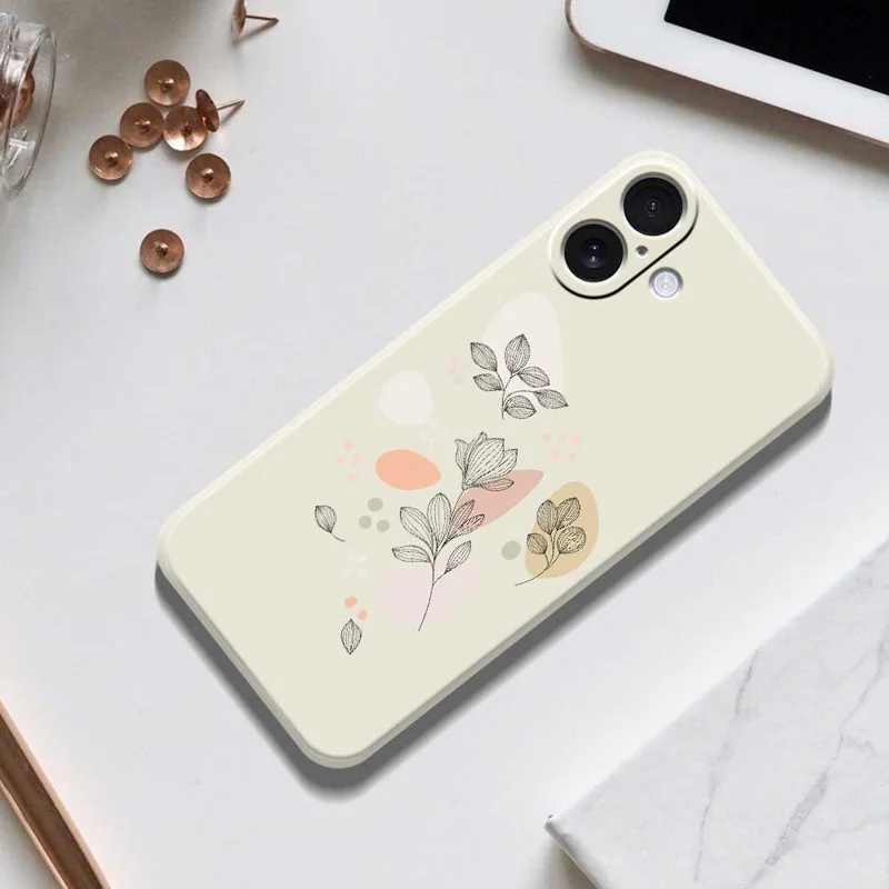 For iPhone 17 Case Sketch Leaves Pattern Printing Straight Edge TPU Phone Back Cover - Beige