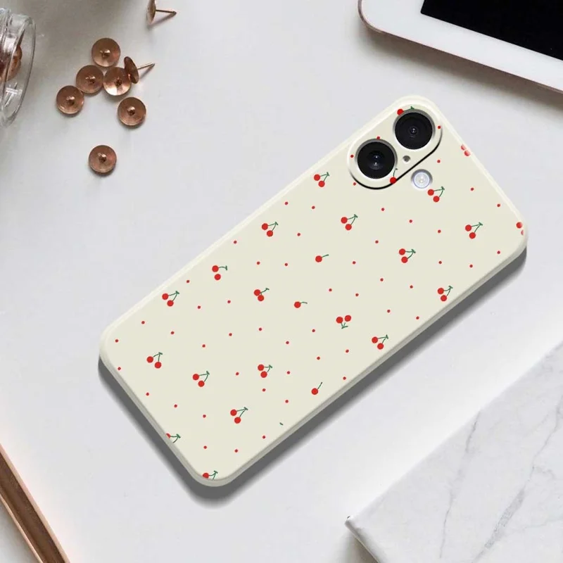 For iPhone 17 Case Red Cherry Pattern Printing Straight Edge TPU Phone Back Cover - Beige