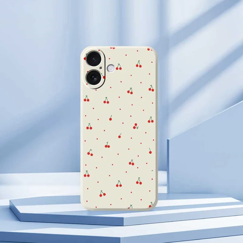 For iPhone 17 Case Red Cherry Pattern Printing Straight Edge TPU Phone Back Cover - Beige
