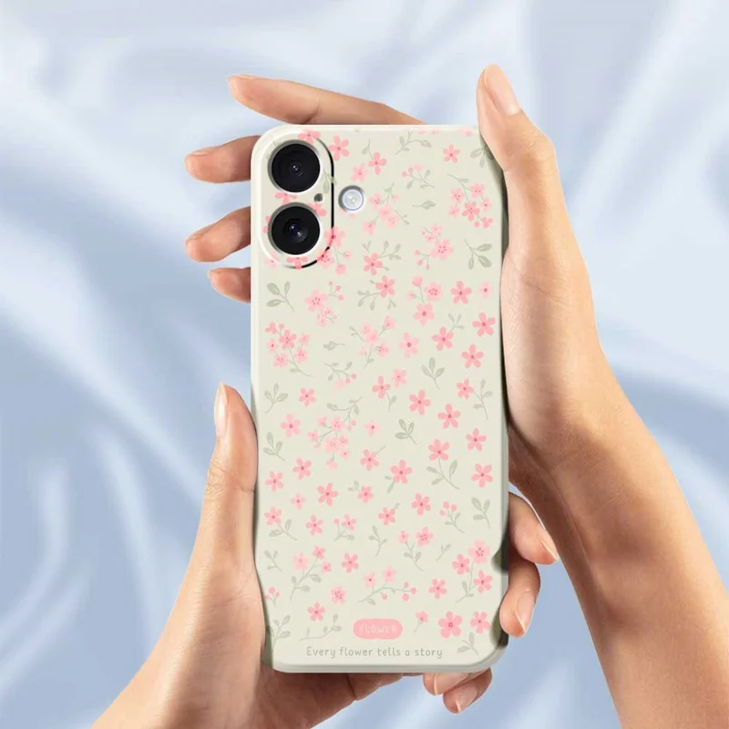 For iPhone 17 Case Pink Small Flowers Pattern Printing Straight Edge TPU Phone Back Cover - Beige