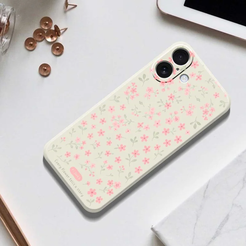 For iPhone 17 Case Pink Small Flowers Pattern Printing Straight Edge TPU Phone Back Cover - Beige