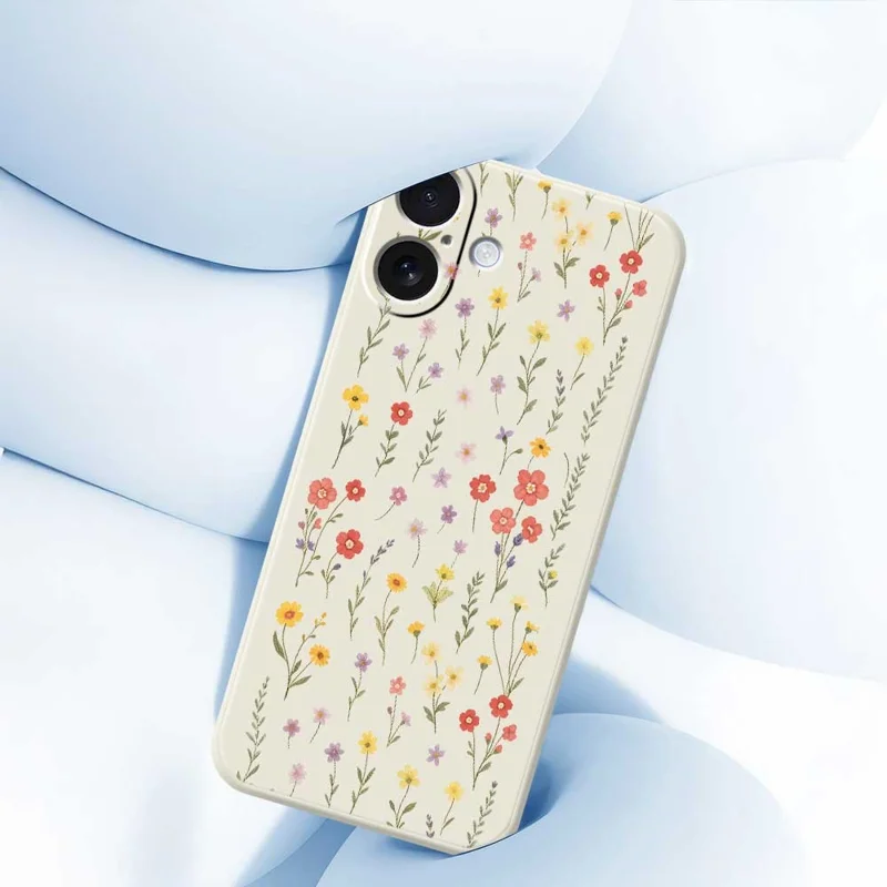 Voor iPhone 17 Hoesje met Bloemen- en Grasschildering Rechte Rand TPU Telefoon Achterkant - Beige