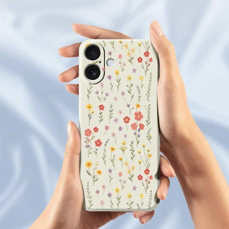 Voor iPhone 17 Hoesje met Bloemen- en Grasschildering Rechte Rand TPU Telefoon Achterkant - Beige