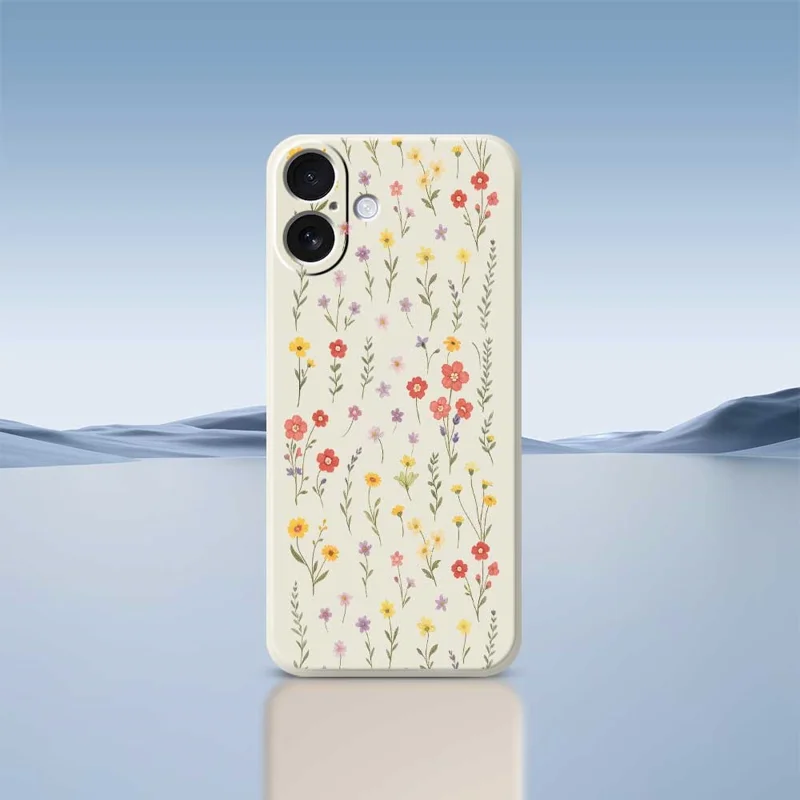 Voor iPhone 17 Hoesje met Bloemen- en Grasschildering Rechte Rand TPU Telefoon Achterkant - Beige