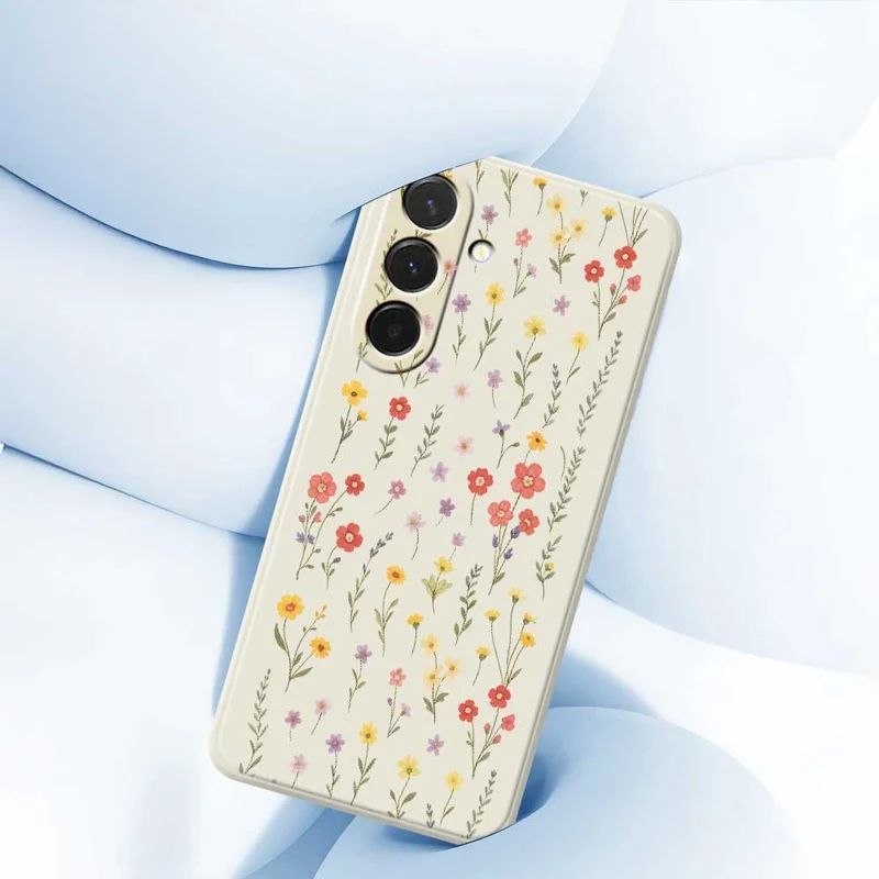 Pour Samsung Galaxy A36 5G Étui Motif de Fleurs et d'Herbes Impression de Bord Droit Coque Arrière de Téléphone en TPU - Beige