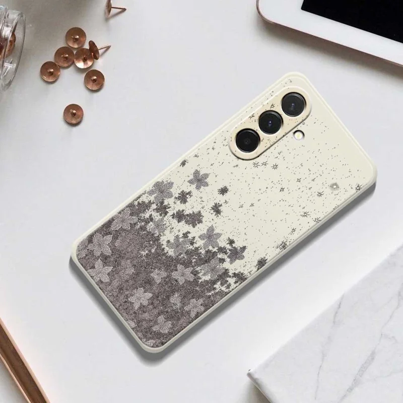 For Samsung Galaxy A36 5G Case Grey Flowers Pattern Printing Straight Edge TPU Phone Back Cover - Beige