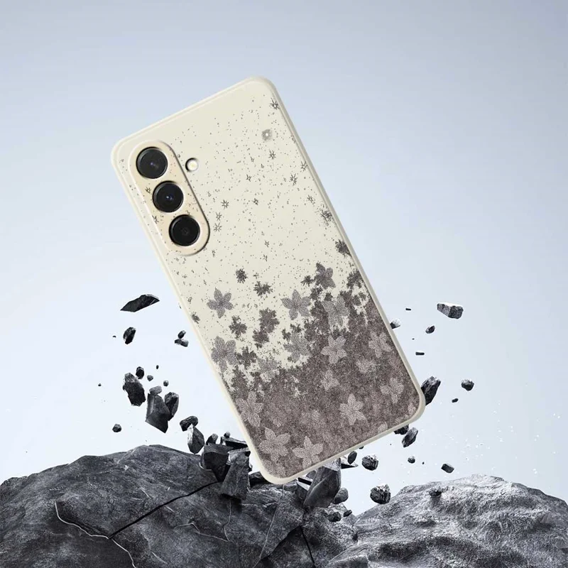 For Samsung Galaxy A36 5G Case Grey Flowers Pattern Printing Straight Edge TPU Phone Back Cover - Beige