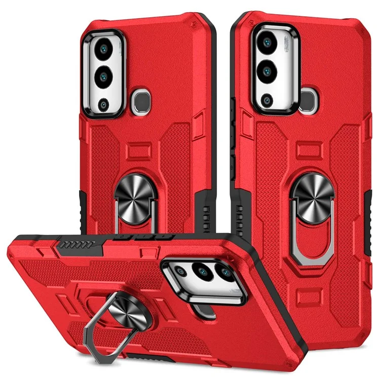 For Infinix Hot 12i 4G Anti-Fingerprint Phone Case Protective Back Cover with Metal Ring Holder Built-In Metal Sheet - Red