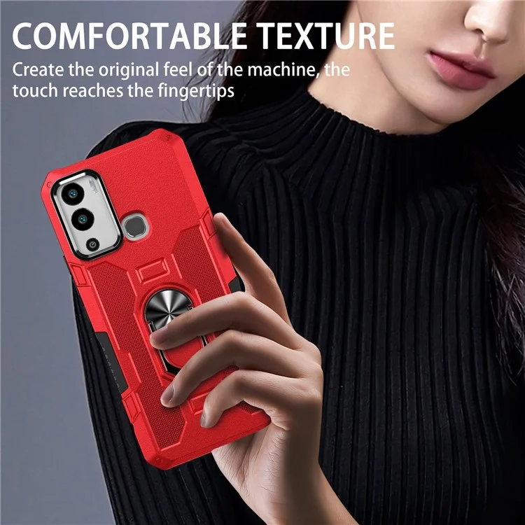 For Infinix Hot 12i 4G Anti-Fingerprint Phone Case Protective Back Cover with Metal Ring Holder Built-In Metal Sheet - Red