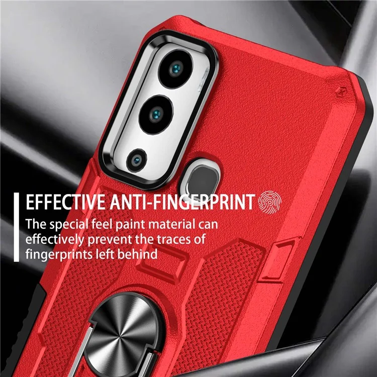 For Infinix Hot 12i 4G Anti-Fingerprint Phone Case Protective Back Cover with Metal Ring Holder Built-In Metal Sheet - Red