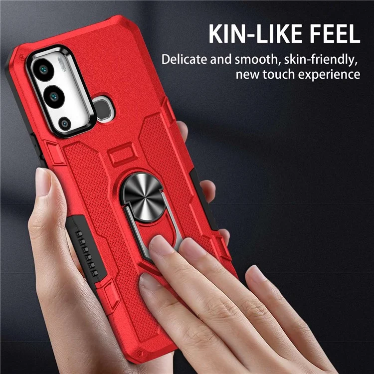 For Infinix Hot 12i 4G Anti-Fingerprint Phone Case Protective Back Cover with Metal Ring Holder Built-In Metal Sheet - Red