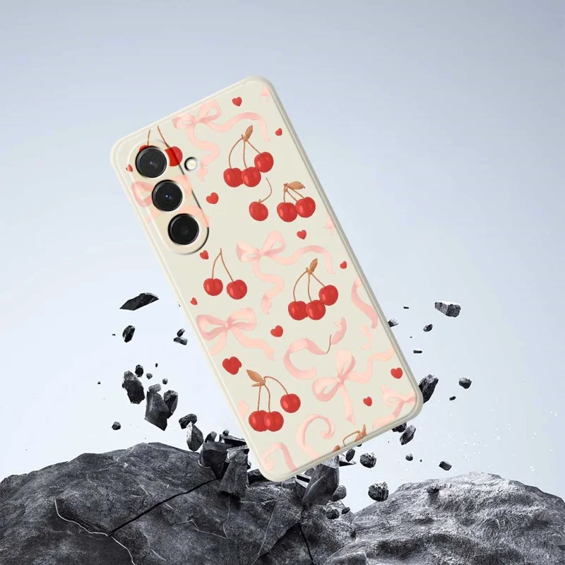 Cover per Samsung Galaxy A36 5G con Fiocco Grande e Stampa a Ciliegia, Bordi Dritti, Cover Posteriore in TPU - Beige
