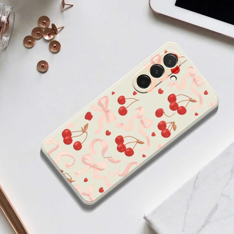 Cover per Samsung Galaxy A36 5G con Fiocco Grande e Stampa a Ciliegia, Bordi Dritti, Cover Posteriore in TPU - Beige