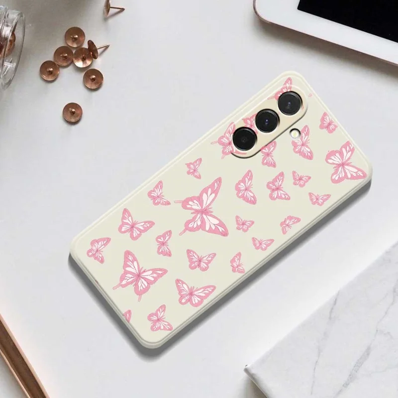 For Samsung Galaxy A36 5G Case Pink Butterflies Pattern Printing Straight Edge TPU Phone Back Cover - Beige