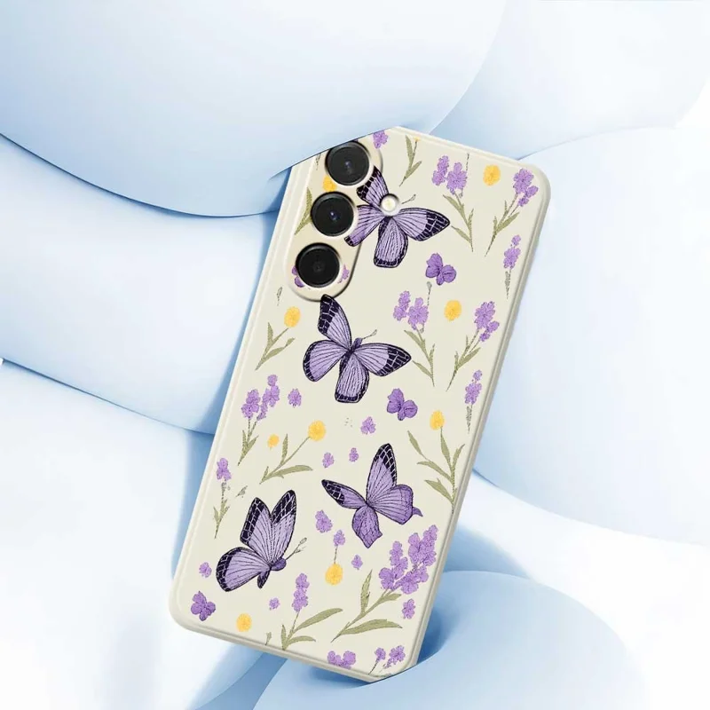 Cover per Samsung Galaxy A36 5G con Farfalle Viola - Stampa a Bordi Dritti in TPU, Retro Beige