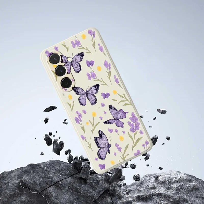 Cover per Samsung Galaxy A36 5G con Farfalle Viola - Stampa a Bordi Dritti in TPU, Retro Beige