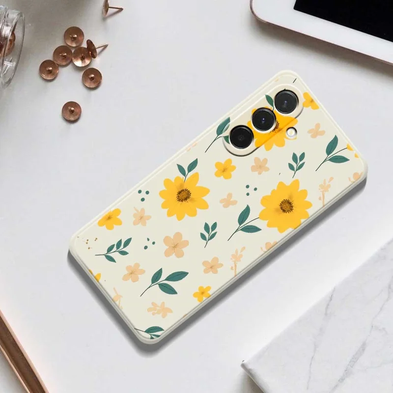 Cover per Samsung Galaxy A36 5G con Motivo Floreale Giallo e Foglie, Stampa con Bordi Dritti, Cover Posteriore in TPU - Beige