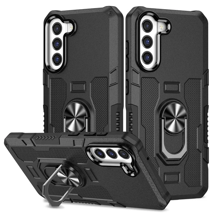 Anti-scratch Phone Cover Kickstand For Samsung Galaxy S21 FE 5G, Protective Back Cover with Metal Ring Holder Built-in Metal Sheet - Black