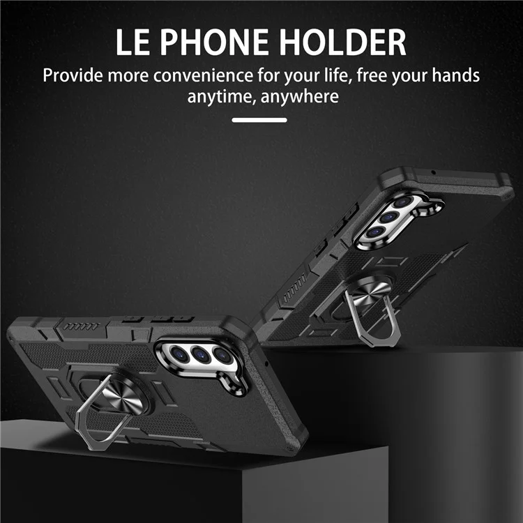 Anti-scratch Phone Cover Kickstand For Samsung Galaxy S21 FE 5G, Protective Back Cover with Metal Ring Holder Built-in Metal Sheet - Black