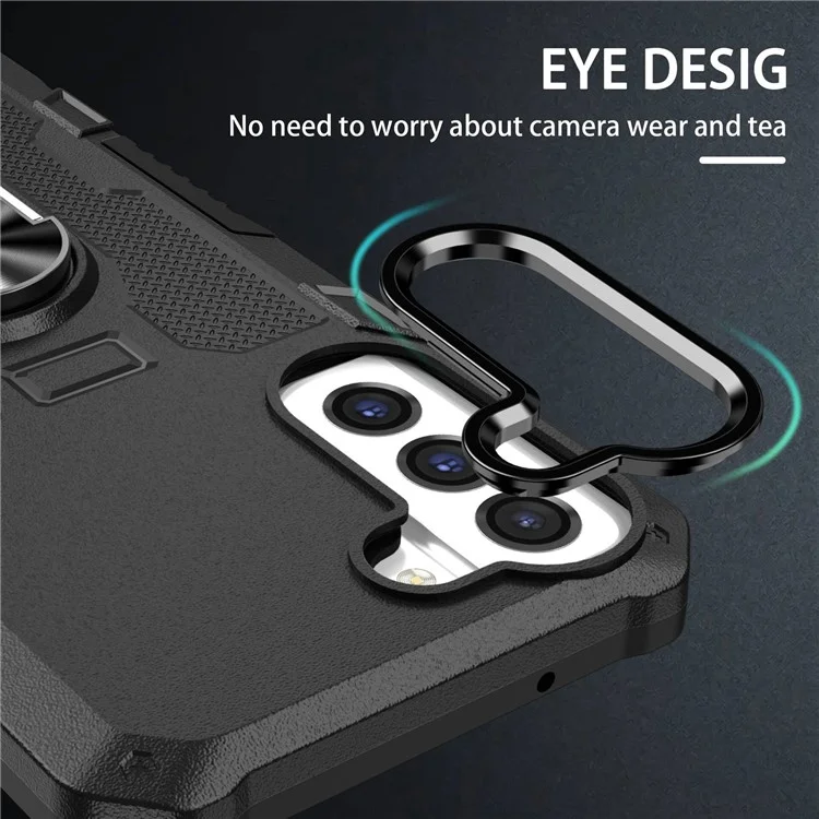 Anti-scratch Phone Cover Kickstand For Samsung Galaxy S21 FE 5G, Protective Back Cover with Metal Ring Holder Built-in Metal Sheet - Black