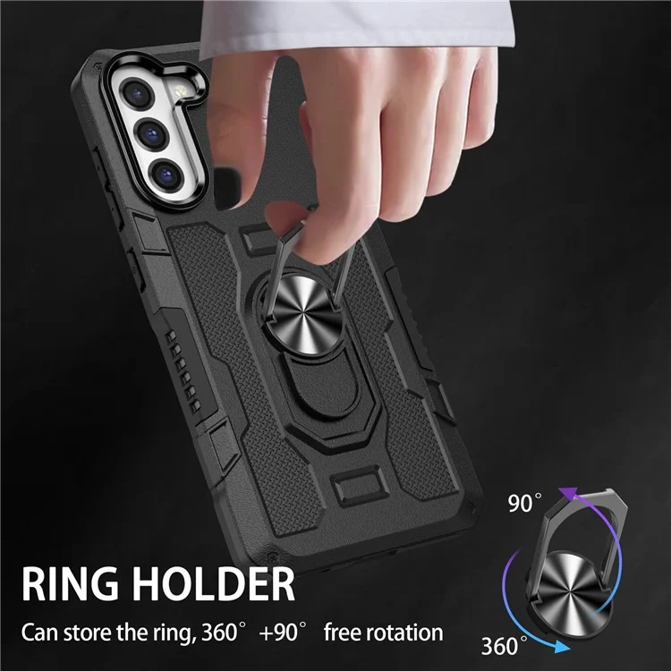 Anti-scratch Phone Cover Kickstand For Samsung Galaxy S21 FE 5G, Protective Back Cover with Metal Ring Holder Built-in Metal Sheet - Black
