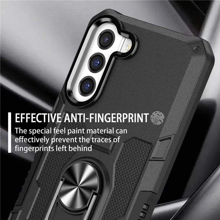 Anti-scratch Phone Cover Kickstand For Samsung Galaxy S21 FE 5G, Protective Back Cover with Metal Ring Holder Built-in Metal Sheet - Black