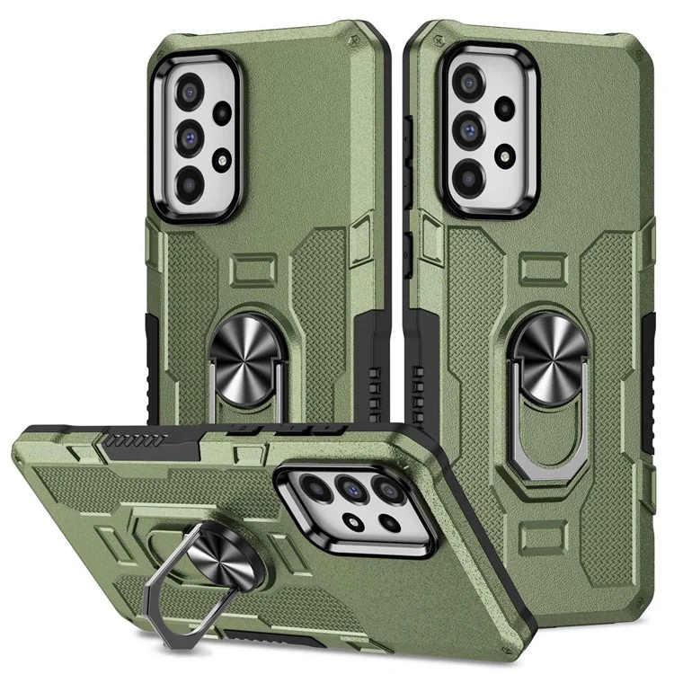 For Samsung Galaxy A73 5G Shockproof PC + TPU Phone Cover Kickstand with Ring Holder Built-in Metal Sheet - Green