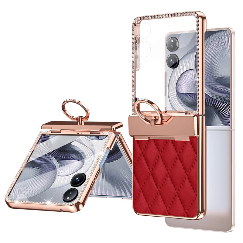 Capa com Suporte de Anel para Xiaomi Mix Flip 2 com Strass, Couro + Capa de PC com Película para Tela Traseira - Vermelho