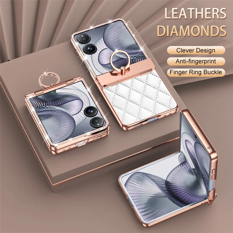 Capa com Suporte de Anel para Xiaomi Mix Flip 2 com Strass, Couro + Capa de PC com Película para Tela Traseira - Vermelho