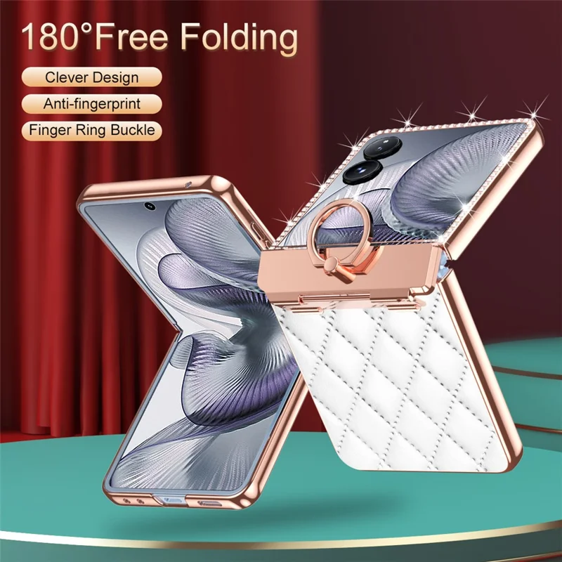 Capa com Suporte de Anel para Xiaomi Mix Flip 2 com Strass, Couro + Capa de PC com Película para Tela Traseira - Vermelho