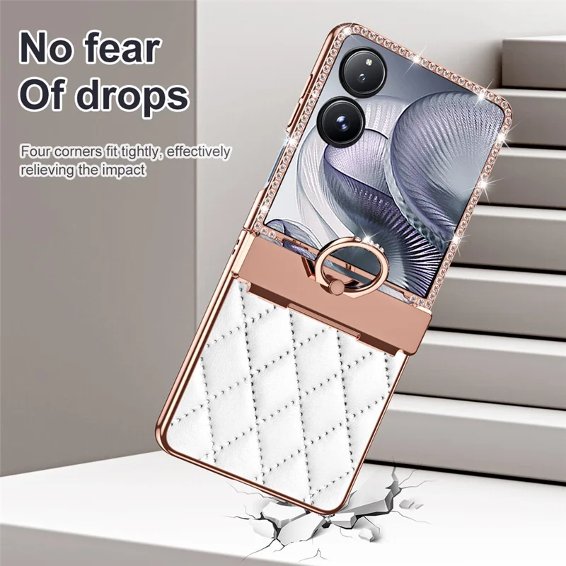 Capa com Suporte de Anel para Xiaomi Mix Flip 2 com Strass, Couro + Capa de PC com Película para Tela Traseira - Vermelho