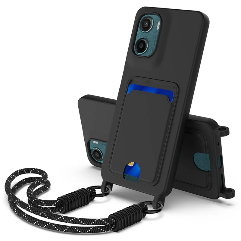 Para Motorola Moto G05 4G / E15 4G Capa de Silicone Líquido para Telefone com Porta-Cartões e Alça Curta - Preto