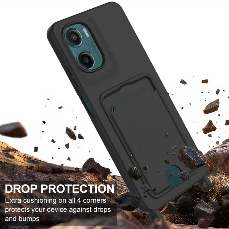 Para Motorola Moto G05 4G / E15 4G Capa de Silicone Líquido para Telefone com Porta-Cartões e Alça Curta - Preto