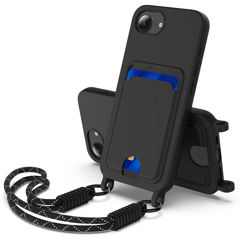 For iPhone 16e Case Liquid Silicone Card Holder Phone Back Cover with Short Strap - Black