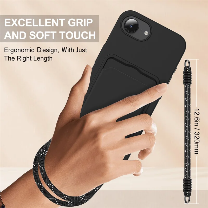 For iPhone 16e Case Liquid Silicone Card Holder Phone Back Cover with Short Strap - Black