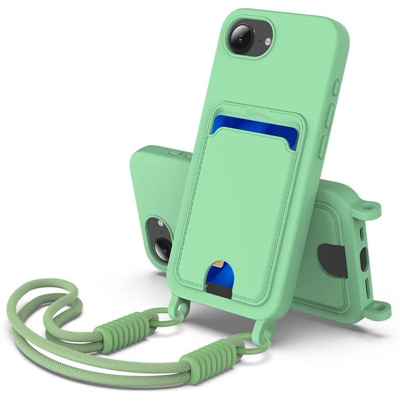 For iPhone 17e / 16e Case Liquid Silicone Card Holder Phone Back Cover with Short Strap - Green