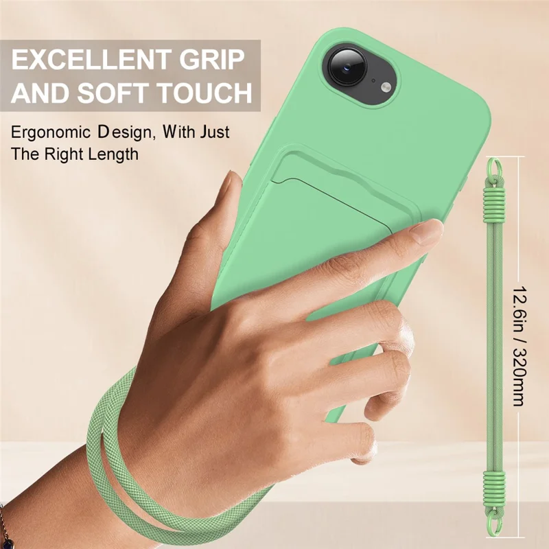 For iPhone 17e / 16e Case Liquid Silicone Card Holder Phone Back Cover with Short Strap - Green