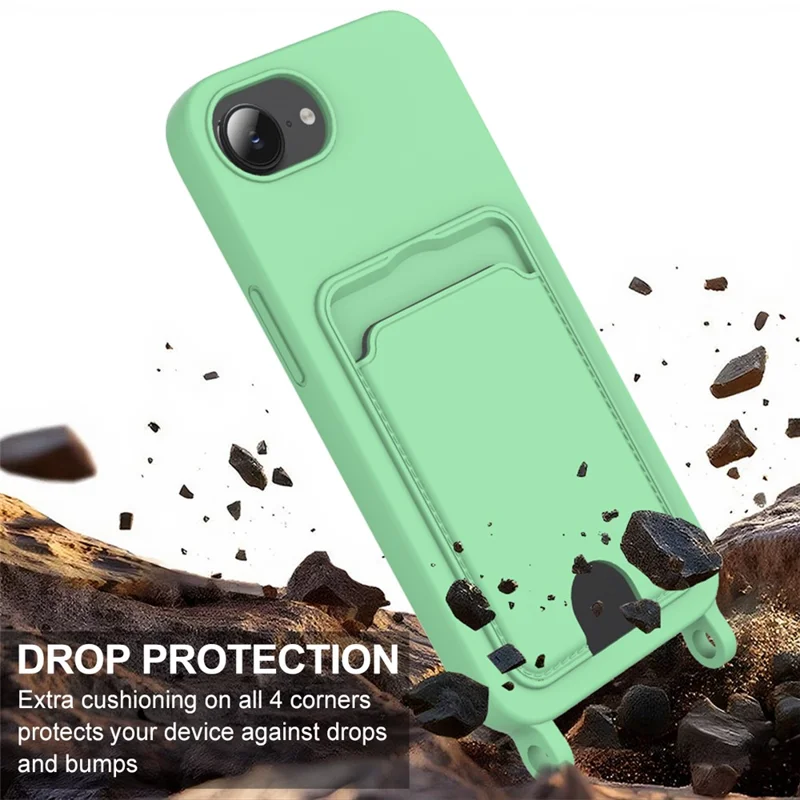 For iPhone 17e / 16e Case Liquid Silicone Card Holder Phone Back Cover with Short Strap - Green
