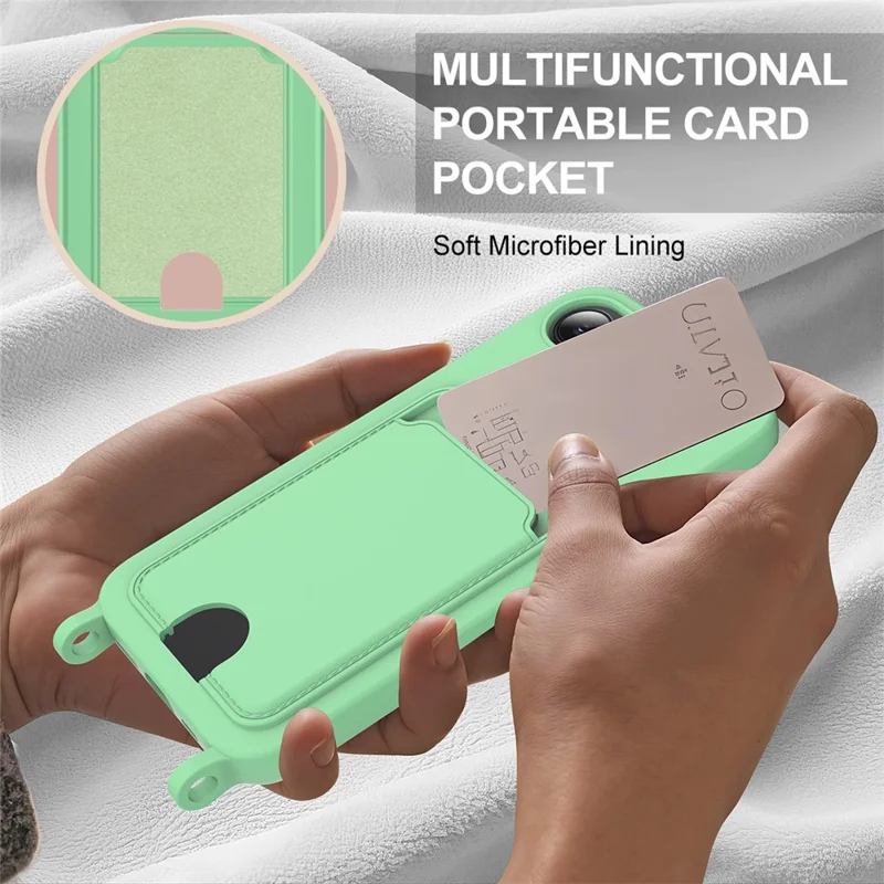 For iPhone 17e / 16e Case Liquid Silicone Card Holder Phone Back Cover with Short Strap - Green