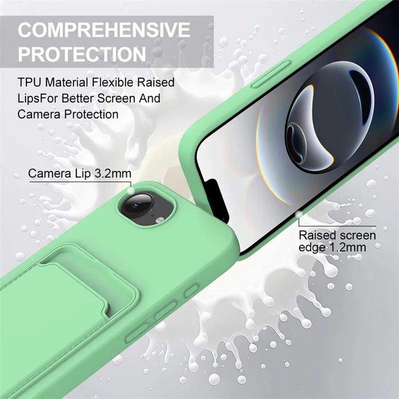 For iPhone 17e / 16e Case Liquid Silicone Card Holder Phone Back Cover with Short Strap - Green