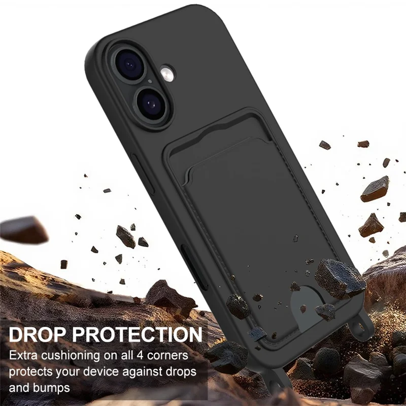 For iPhone 17 Case Liquid Silicone Card Holder Phone Back Cover with Short Strap - Black