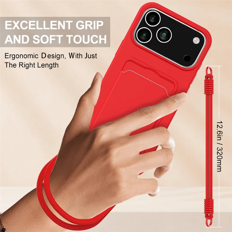 For iPhone 17 Pro Max Case Liquid Silicone Card Holder Phone Back Cover with Wrist Strap - Red