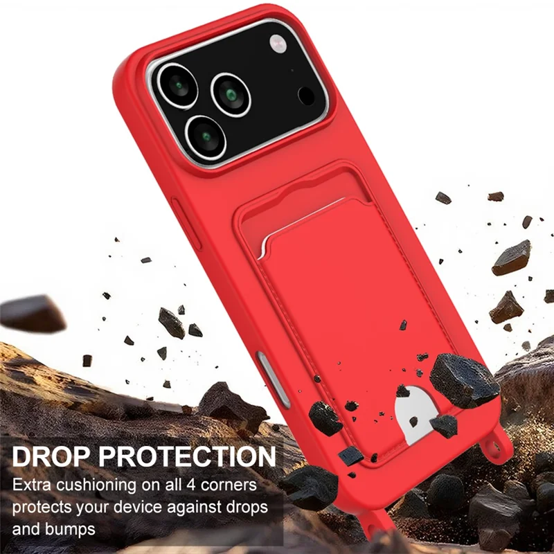 For iPhone 17 Pro Max Case Liquid Silicone Card Holder Phone Back Cover with Wrist Strap - Red